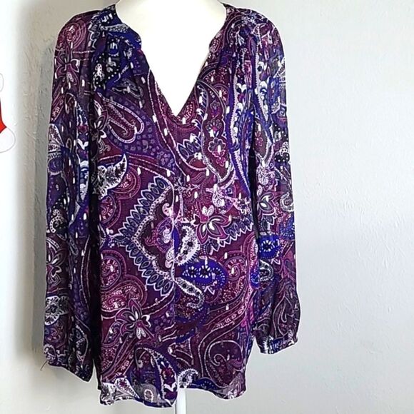 Kasper Purple & Navy Blue Blouse, Shiny Silver Splashes of Color, Sz Large, NWT - Picture 1 of 12